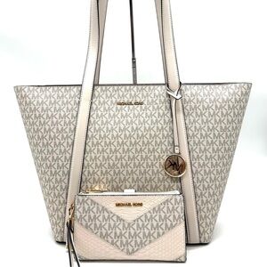 Michael Kors Pratt Large Signature Logo Tote Bag & Double Zip Wallet Cream/White